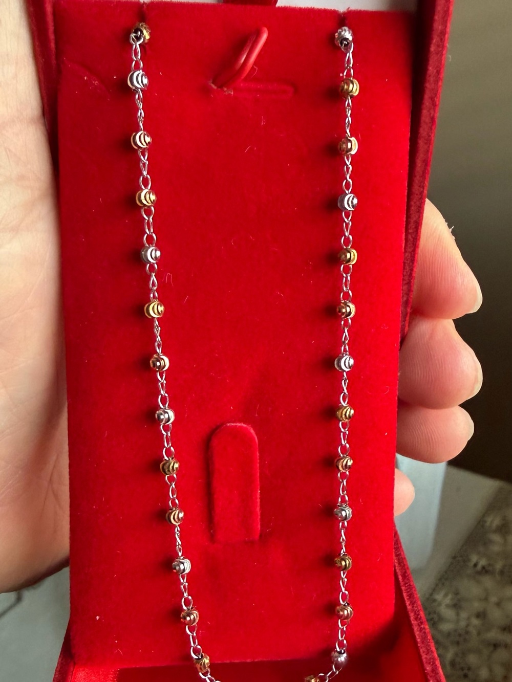 Tri-Tone Bead Link Necklace - Women's Gold, Silver & Rose Tones